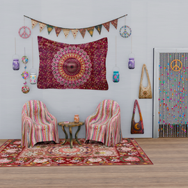 The Sims 4 boho-inspired custom content set featuring a colourful mandala tapestry, patterned armchairs, bohemian rug, hanging mason jar lanterns, beaded doorway curtain, peace sign wall décor, fabric bunting, shoulder bags, suncatchers, and decorative table accessories in a cosy hippie-inspired living space.