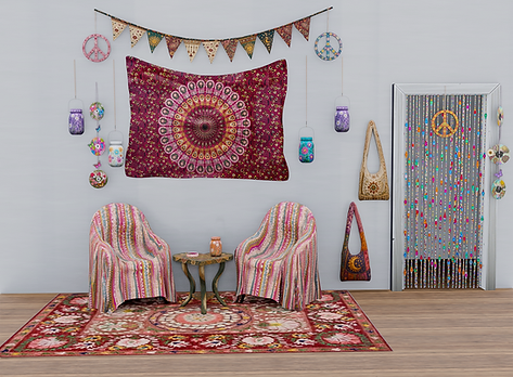 Create the ultimate bohemian retreat with the Dandelion Days CC Pack. Inspired by vintage hippie décor, this colourful collection features vibrant textiles, mandala patterns, beaded accents, hanging lanterns, peace signs, and cosy furnishings to give every Sim a relaxed, free-spirited home.