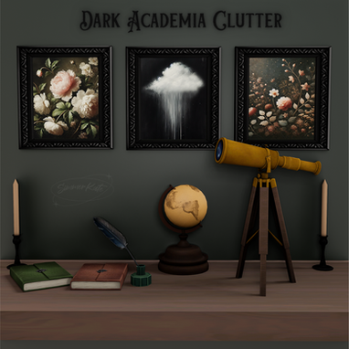 Sims 4 Dark Academia CC set with books, candles, vintage clutter and moody decor in Maxis Match style