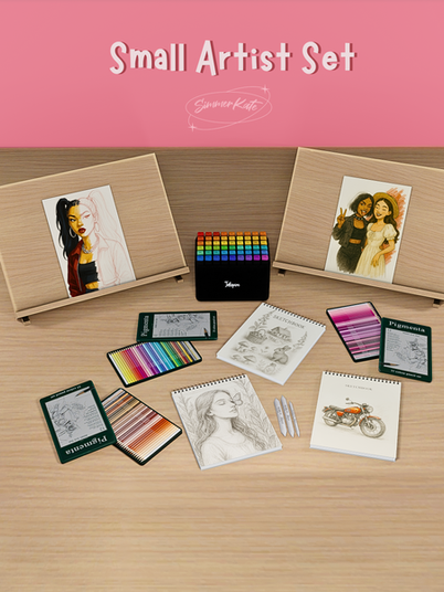 Sims 4 artist CC set with mini desk, easel, paint supplies, and clutter in Maxis Match style