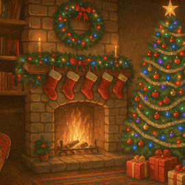 Cozy Christmas living room Loading screen with a glowing fireplace, stockings on the mantle, a decorated tree with colorful lights, and wrapped presents on the floor.