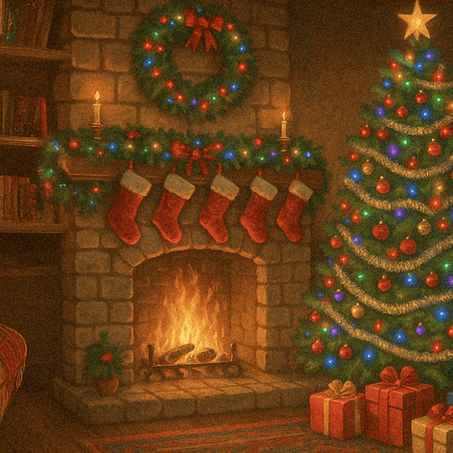 Cozy Christmas living room Loading screen with a glowing fireplace, stockings on the mantle, a decorated tree with colorful lights, and wrapped presents on the floor.