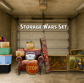Sims 4 Storage Wars CC set preview featuring old armchair, storage boxes, rug, CD player, dusty wall art, and cobweb overlays in a grungy garage scene