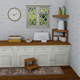 Farmhouse style Sims 4 kitchen clutter set displayed together, featuring a wooden bread bin and bread basket, butter dish, bowl of eggs, farmhouse kettle, olive oil bottle, tea coffee and sugar canisters, decorative vase, wooden wall shelf, countertop shelf unit with styling clutter, kitchen steps stool, wooden wall clock, and a farmhouse runner rug, all in neutral tones with warm wood textures.