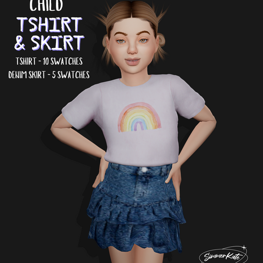 Sims 4 child denim skirt and top CC set – Maxis Match outfit with 8 skirt swatches and 8 cute tops for young Sims