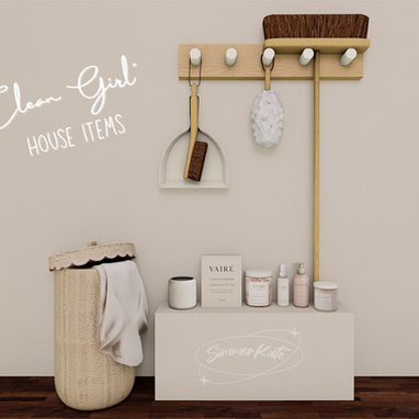High-quality 3D render of a Sims 4 custom content set featuring neutral-toned cleaning and laundry items. Includes a wicker laundry basket with cloth, mounted dustpan and brush, mounted sweeping brush, feather duster, wooden wall shelf, and a range of minimalist laundry and bath products labeled Vairé, Sorelle, and Lunare. The items are arranged in a clean, modern scene matching the “clean girl” aesthetic.