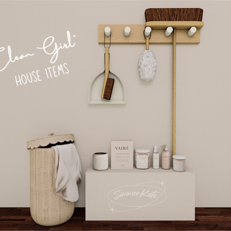 Aesthetic render showcasing a Sims 4 custom content set with neutral-toned “clean girl” style house items. The scene includes a woven wicker laundry basket with fabric draped over the side, a mounted dustpan and brush, mounted sweeping brush, feather duster, a wooden wall shelf, and a lineup of minimalist laundry and bath products labeled Vairé, Sorelle and Lunare. All items are displayed against a soft beige background, styled for Maxis Match Sims 4 gameplay.