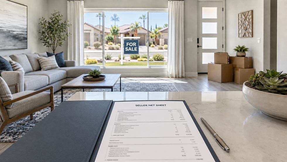Seller net sheet on a counter inside a staged Las Vegas home with moving boxes and a For Sale sign outside.