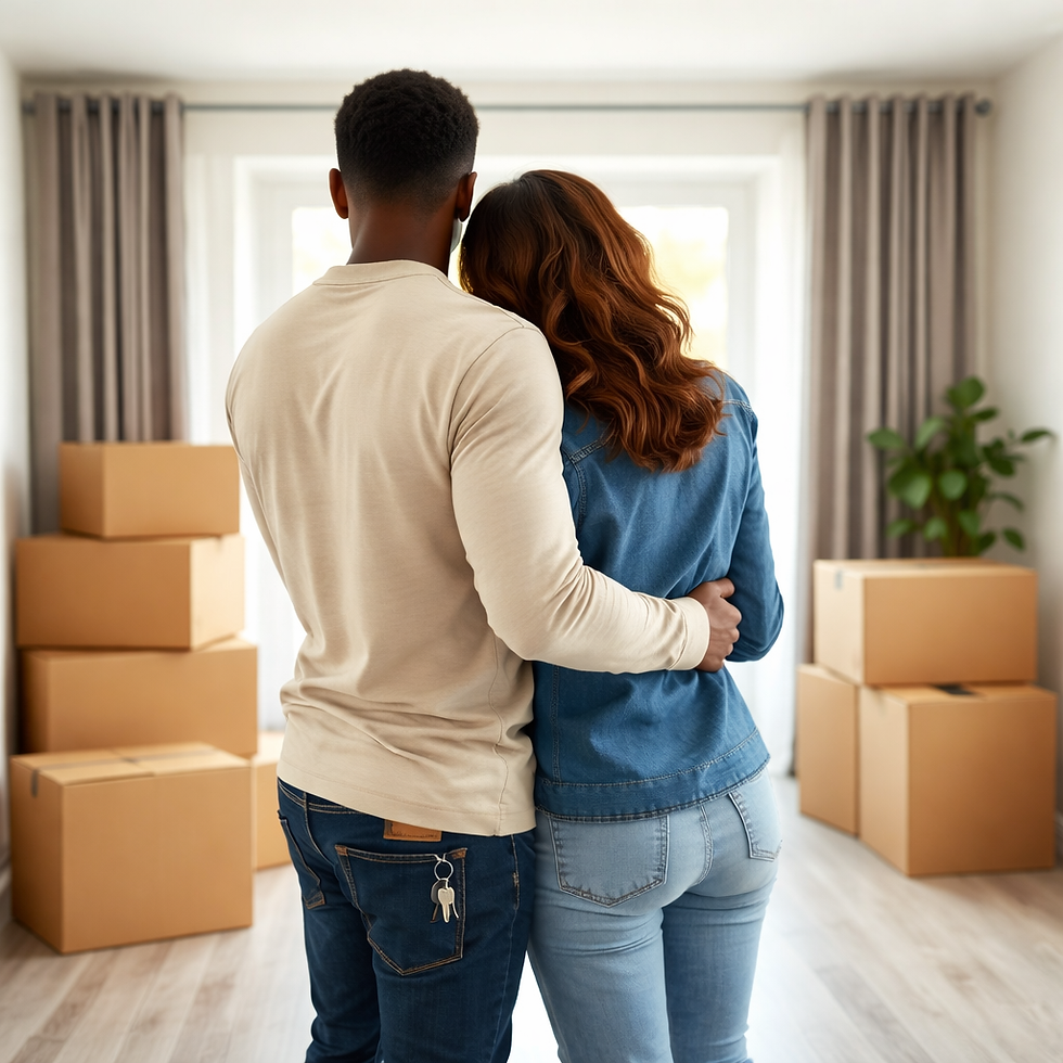 First-time homebuyers in their new home surrounded by moving boxes, symbolizing new beginnings in a more balanced housing market