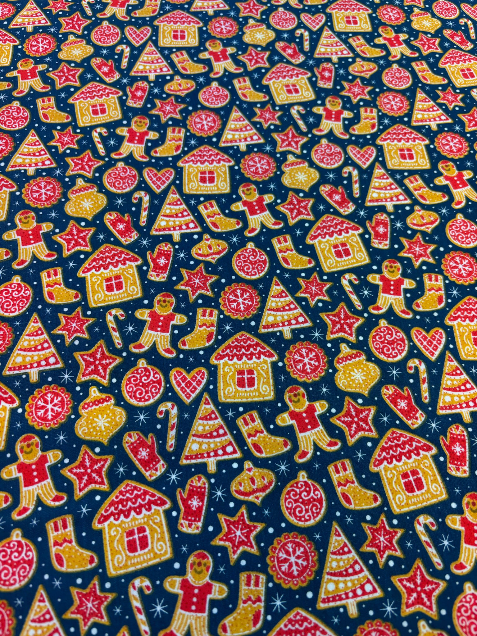 Gingerbread Christmas Navy Polycotton Fabric