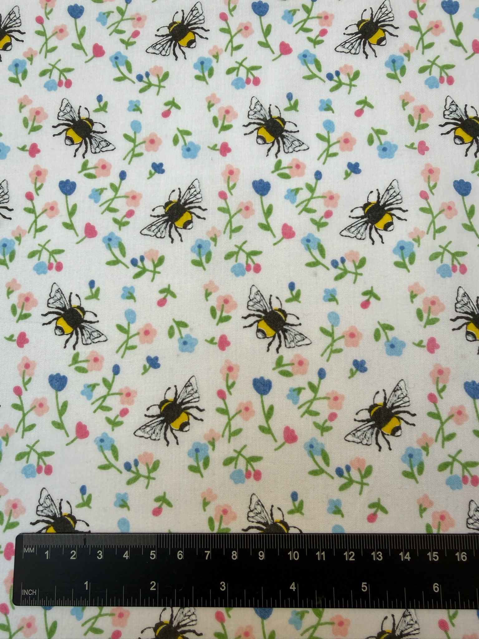 Bumble Bee Floral Print Polycotton Fabric Close Up