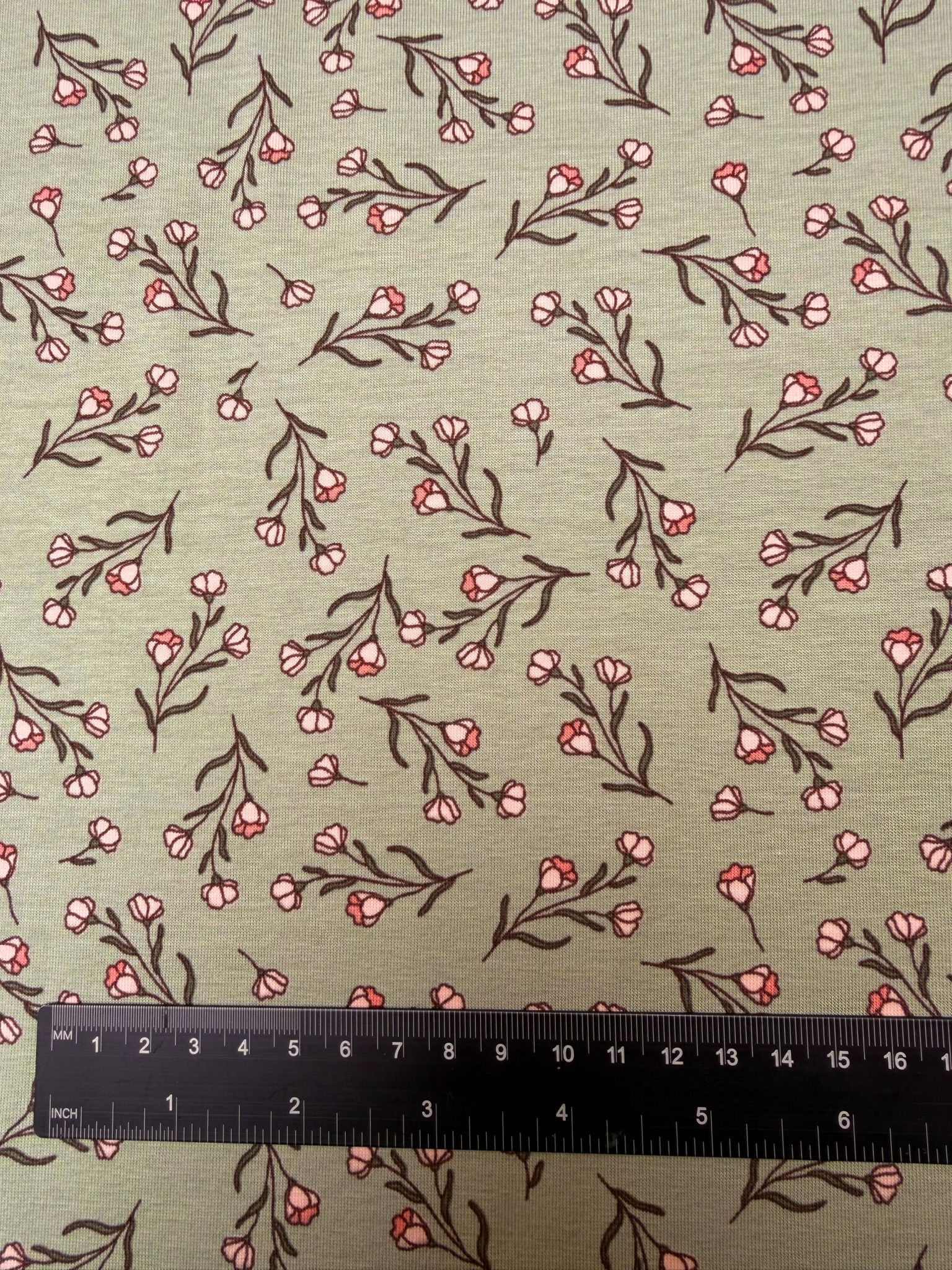 Flowers Light Olive Fabric Close up