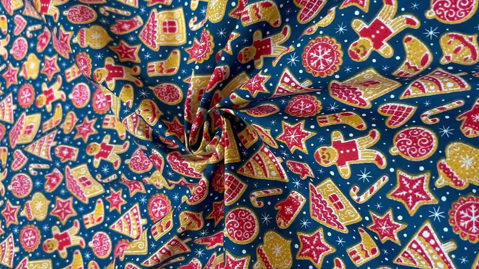 Thumbnail: Gingerbread Christmas Navy Polycotton Fabric