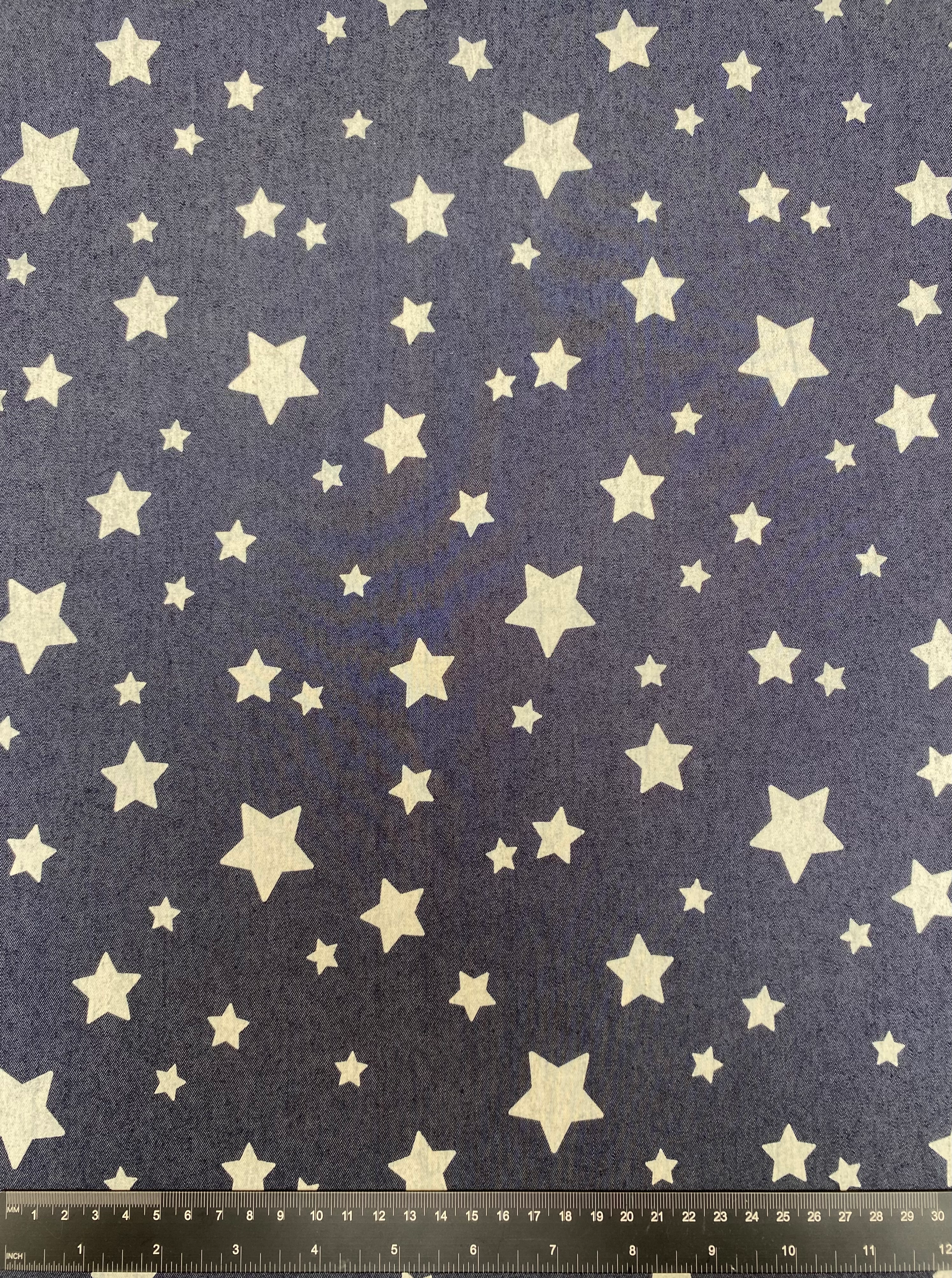 White Stars Print 100% Cotton Blue Chambray Fabric