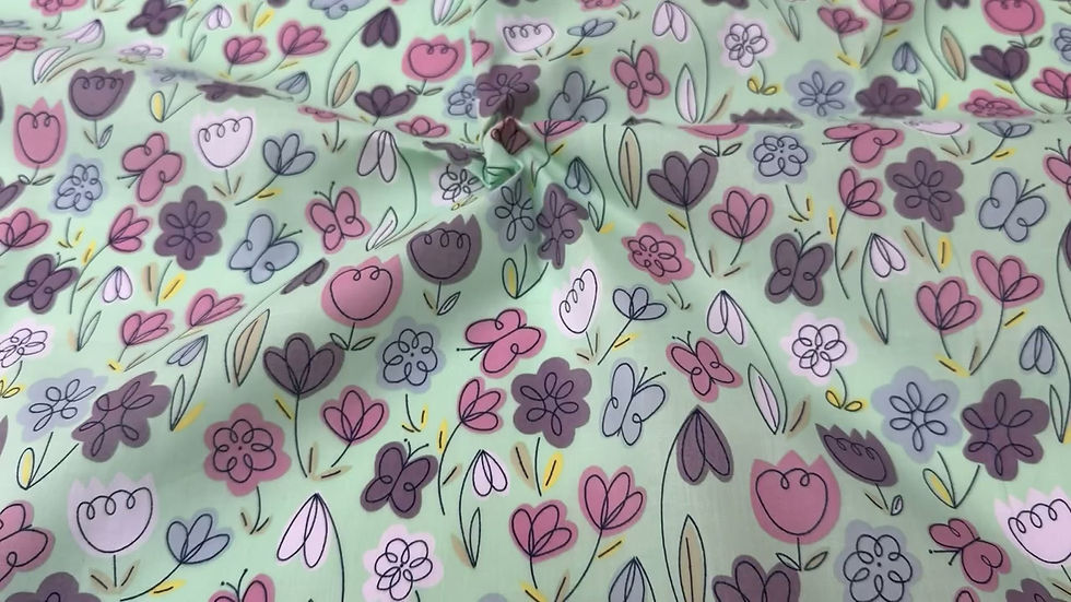 Thumbnail: Flower & Butterfly Aqua Floral Print Polycotton Fabric Swirl Video