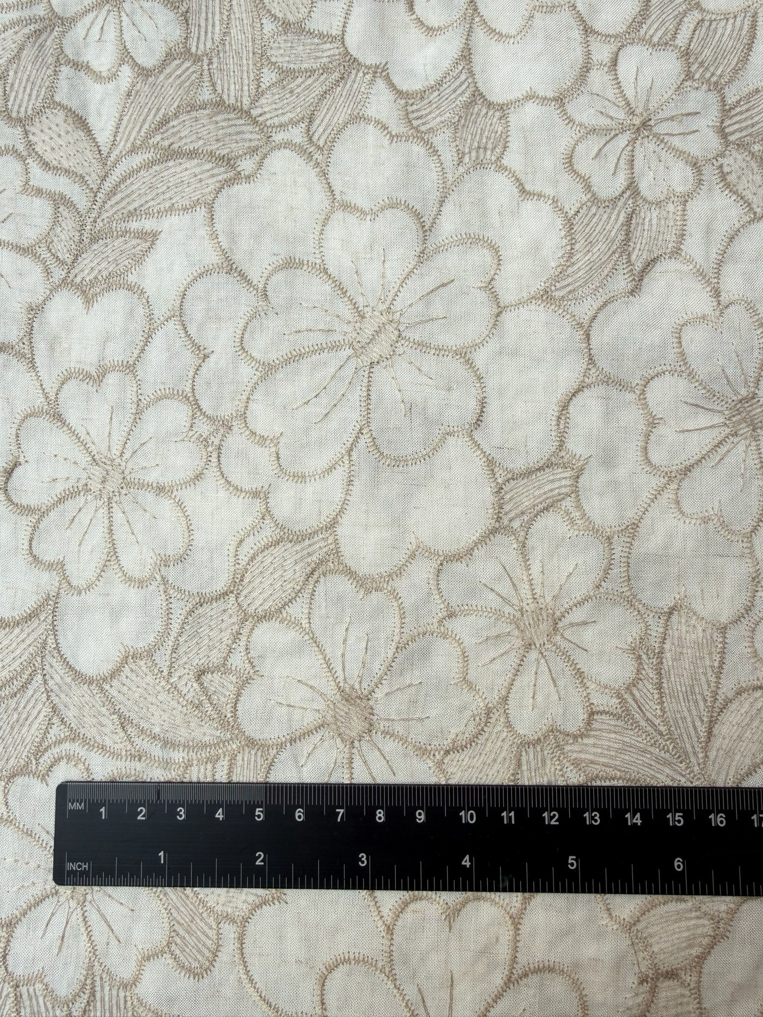 Natural Cotton Floral Embroidery Fabric Close Up
