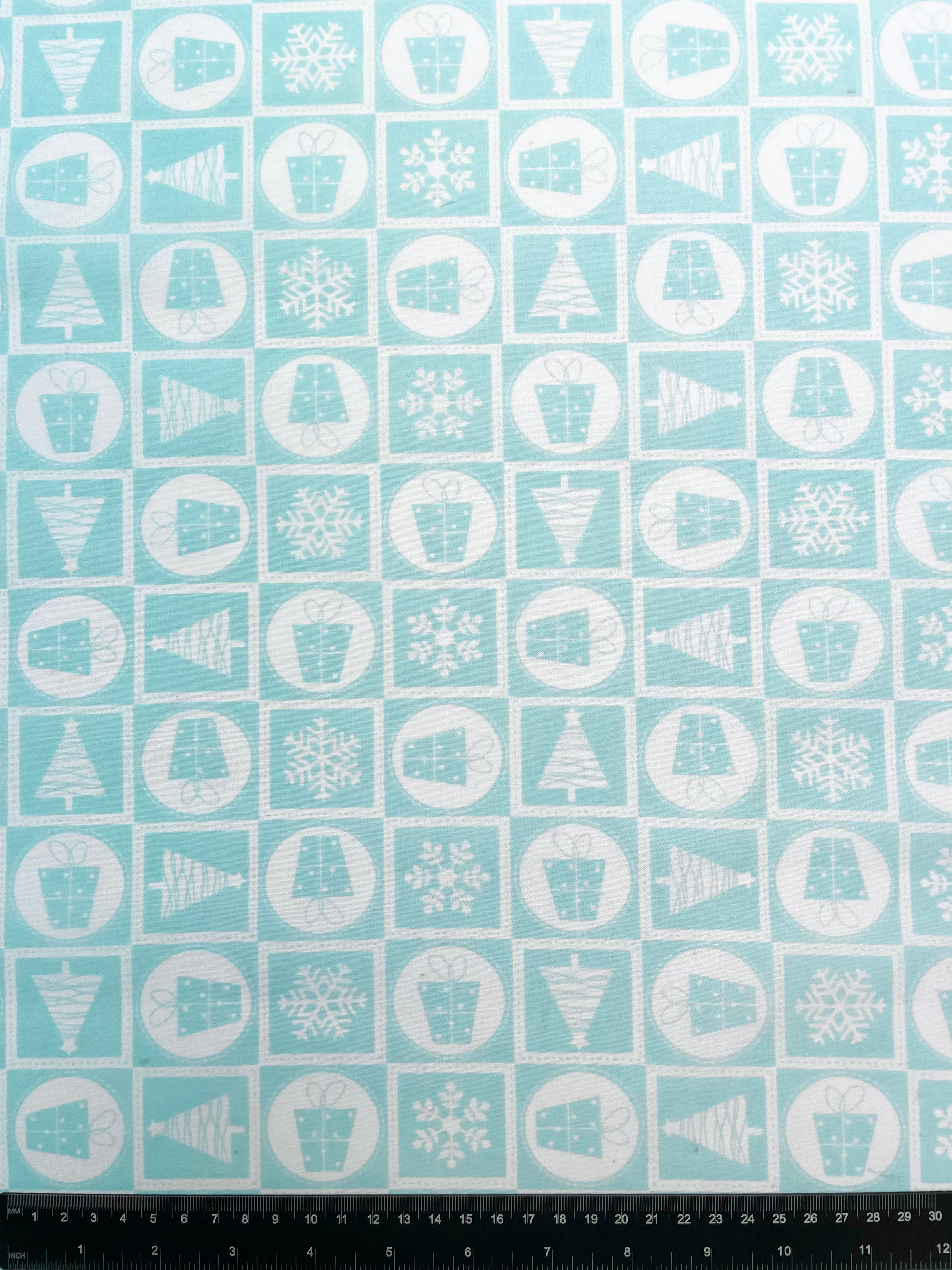 Christmas Motif Ice Blue Polycotton Fabric
