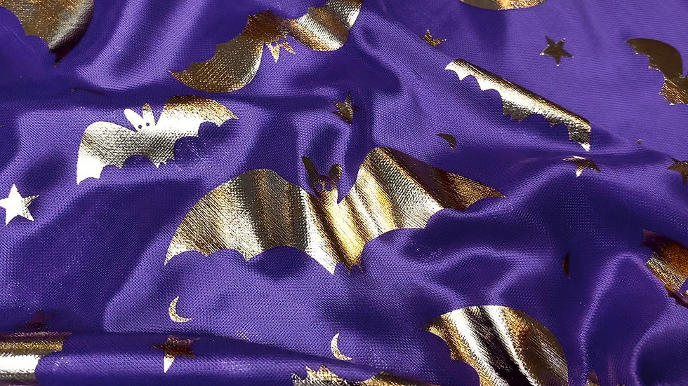 Thumbnail: Metallic Foil Gold Halloween Bats Purple Polyester Fabric