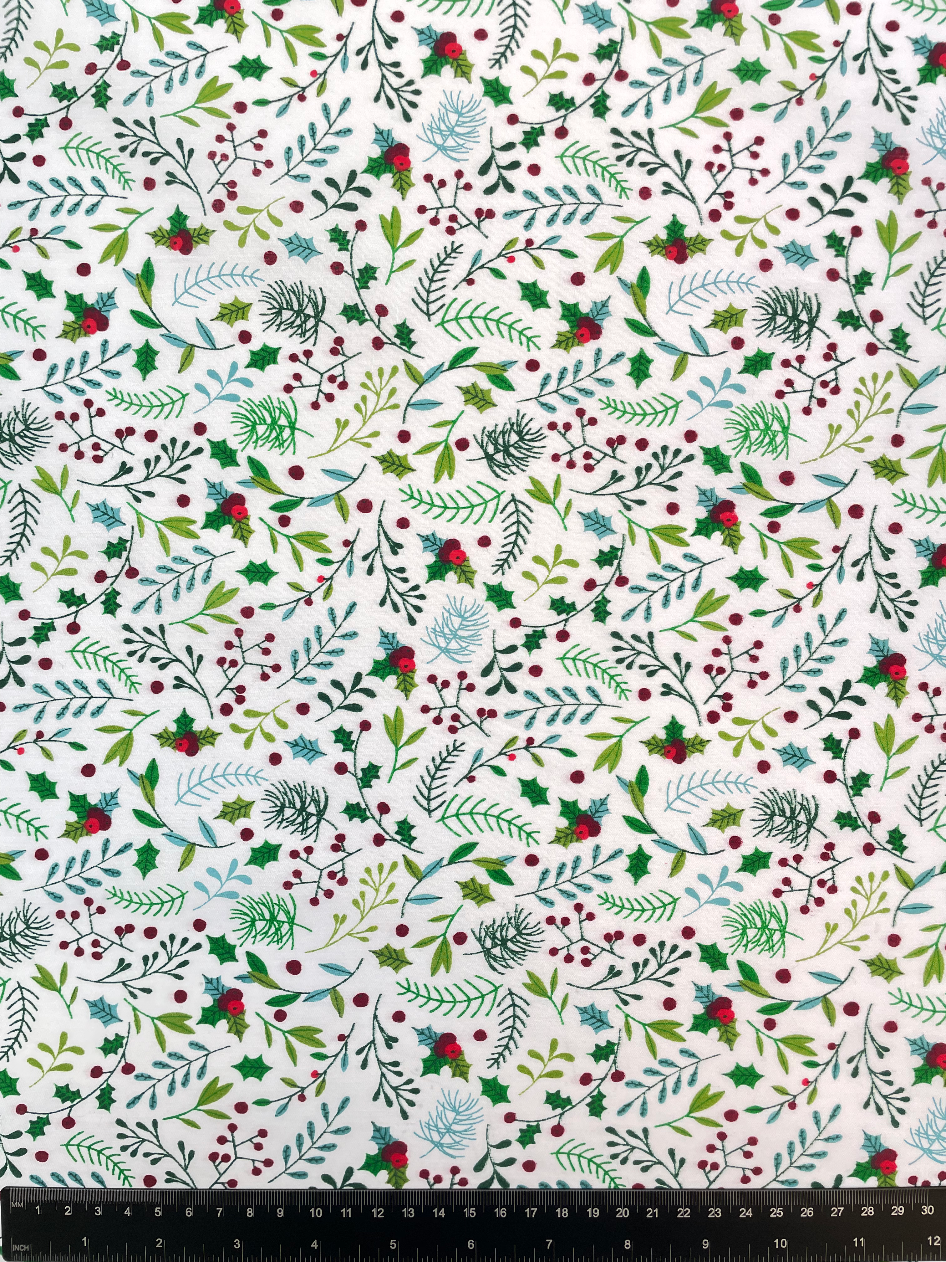 Christmas Foliage White Polycotton Fabric
