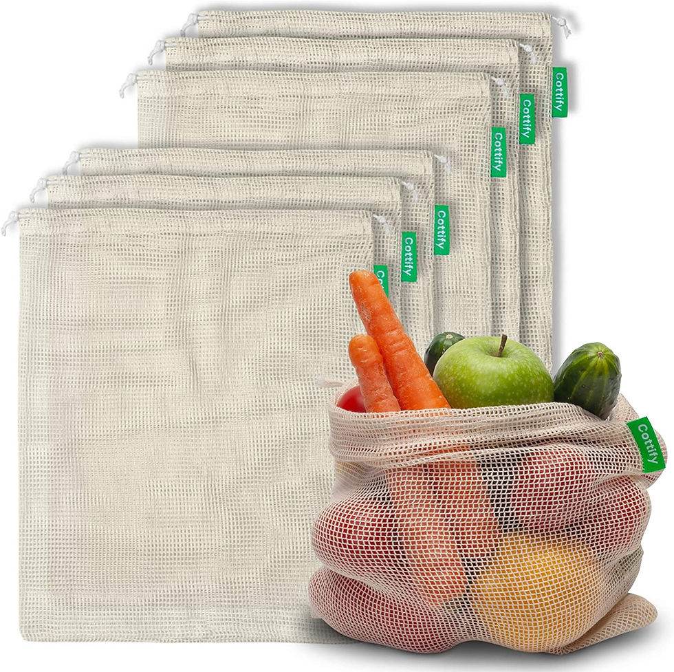 mesh bags and one filled with fruit and vegetables