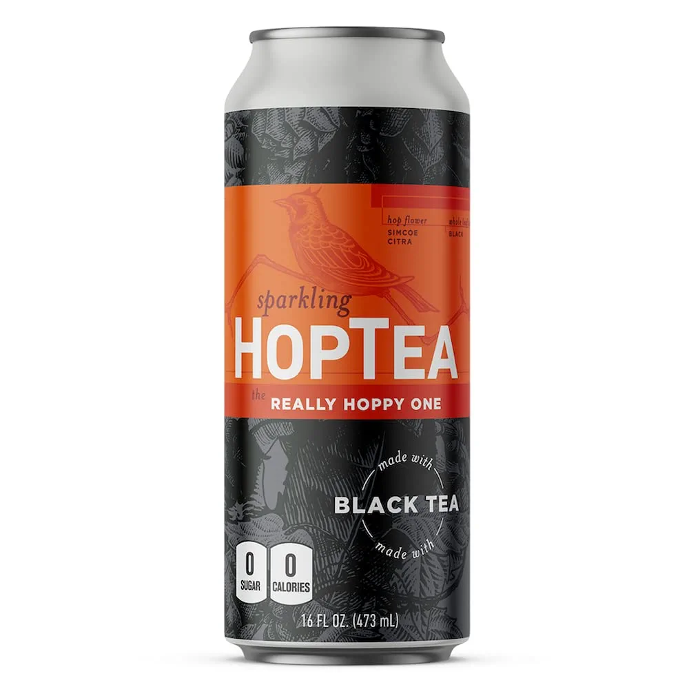 Picture of a black and orange can of HopTea