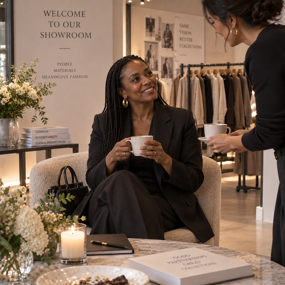 Deux femmes discutent dans un showroom de mode, tasses à la main; pancartes WELCOME TO OUR SHOWROOM, vêtements en arrière-plan.