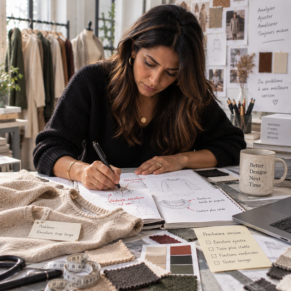 Créatrice de mode esquissant un pull dans son atelier, entourée d’échantillons; notes visibles: Encolure trop large.
