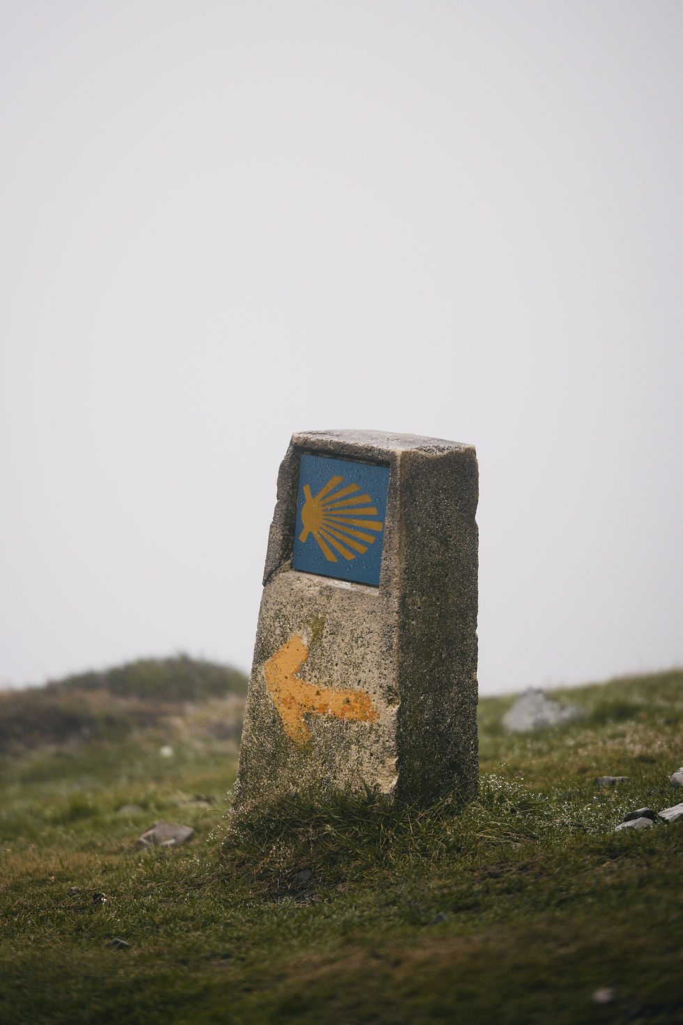 Borne de pierre avec flèche jaune et symbole de coquille sur fond brumeux, marquant un chemin sur un terrain herbeux et rocheux sur le Chemin de Saint-Jacques de Compostelle