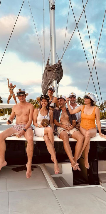 Group of friends on a catamaran in San Blas, Panama