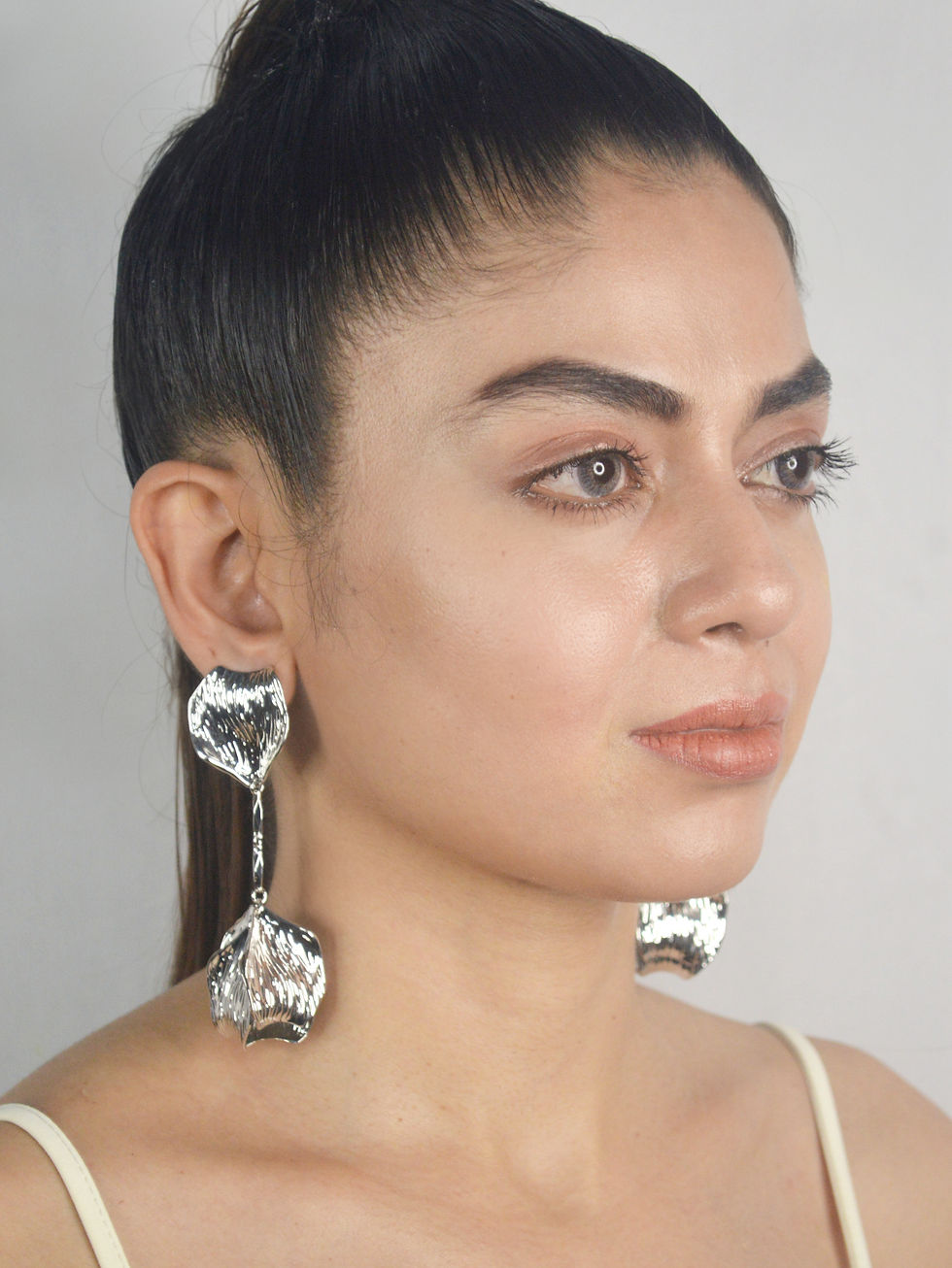 Thumbnail: SILVER HANGING PETALS TEXTURED EARRINGS