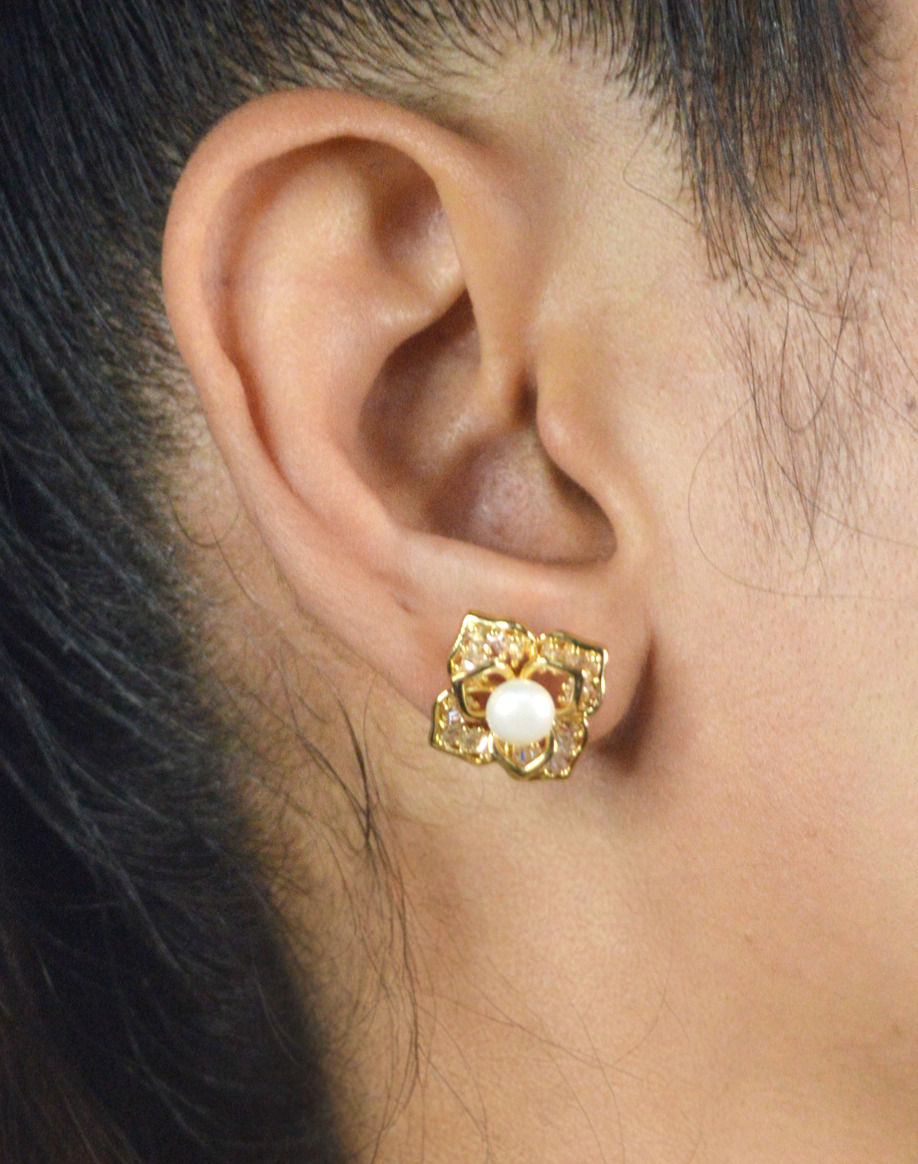 Thumbnail: GOLDEN PEARL AMERICAN DIAMOND FLORAL STUDEARRINGS