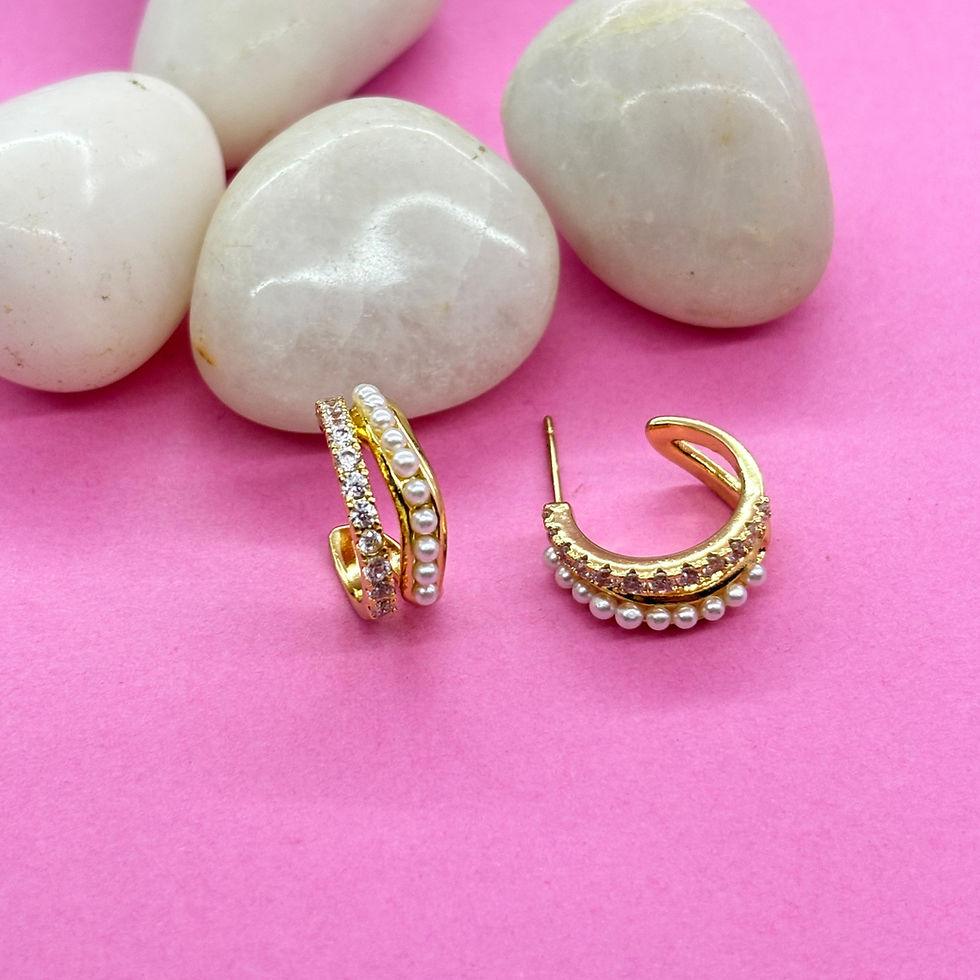 Thumbnail: GOLDEN AMERICAN DIAMOND PEARL SMALL HOOP EARRINGS