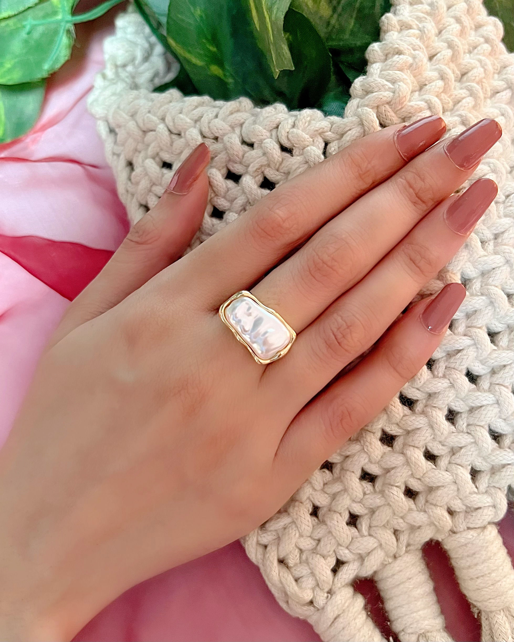 Rectangular pearl golden stainless steel ring