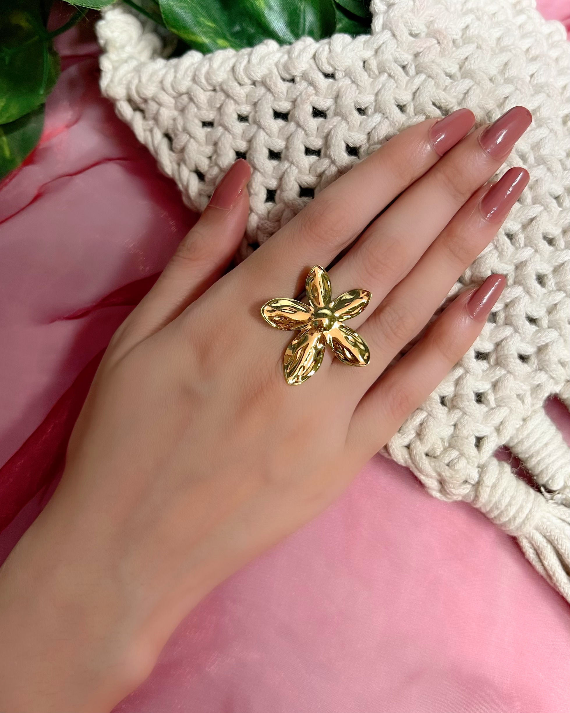 Small flower golden stainless steel statement ring