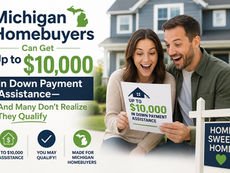Smiling couple holds a sign about up to $10,000 down payment assistance; Michigan homebuying ad with house and Home Sweet Home sign