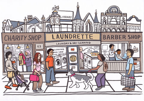 Collage and brush pen illustration of a street with three shopfronts, a Charity Shop, a Laundrette and a barbers. Beyond the shops there are the rooftops of buildings from the local area, including a community centre, a library, a cafe and some houses. Infront of the shops are collaged illustrations of people walking.

A commissioned illustration for creative agency Quiet Down There and Historic England. Part of a limited edition zine celebrating the high streets of Granby Street Leicester and South Norwood, London. 