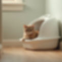 Eye-level view of a clean cat litter box in a quiet corner
