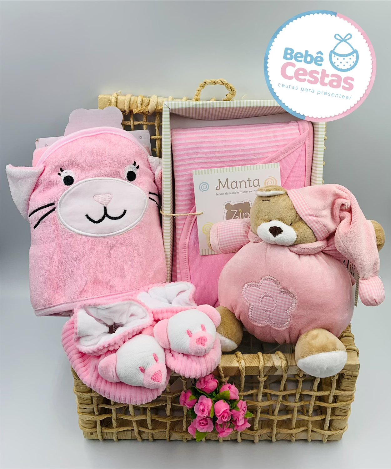 Cesta de Recém-Nascido com Toalha, Manta, Ursinho e mais itens!