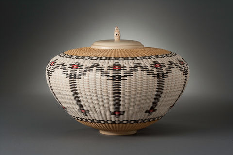 Basket with carved ivory lid woven human figures holding hands heirloom baskets