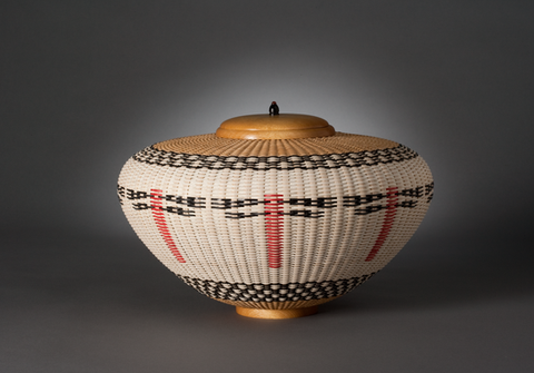 Vessel basket with American Holly wood lid dragonfly motif local basket artisan from Vancouver British Columbia Canada