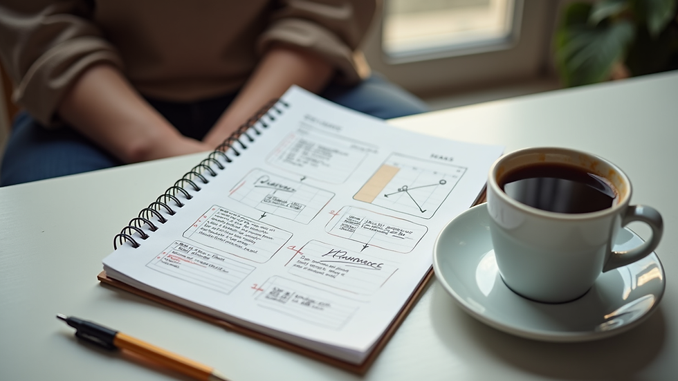 High angle view of a notebook with marketing plans and a cup of coffee