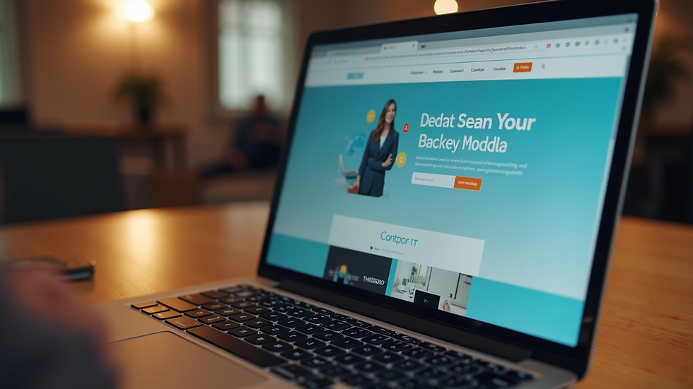 Eye-level view of a laptop screen showing a startup website homepage