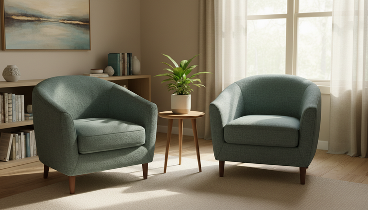 Eye-level view of two empty chairs near a bright window in a calm home-like room.