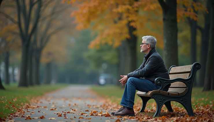 Eye-level view of a person sitting alone on a park bench looking thoughtful