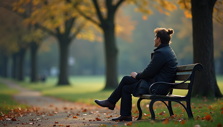 Eye-level view of a solitary person sitting on a park bench looking away