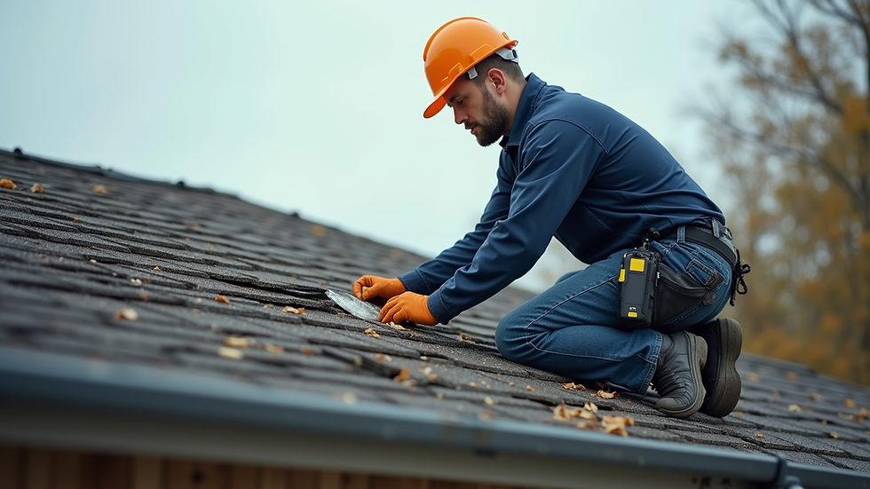 Close-up view of a professional roofer inspecting a roof for damages