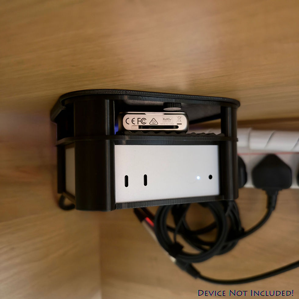 Thumbnail: Under-desk Mac Mini M4 mount with SSD shelf shown fitted beneath a wooden desk.