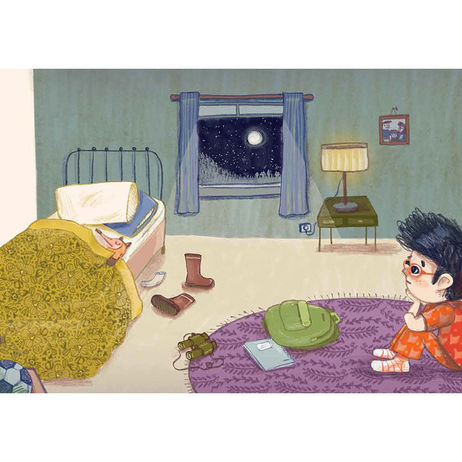 A child in pajamas looks at the moon, scattered toys and a book in a cozy room at night, story or dialogue.