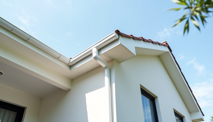 Eye-level view of a modern home exterior showing new white soffits, fascias, and guttering installed along the roofline