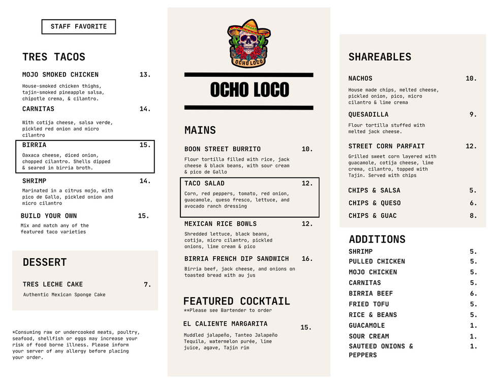 Ocho Loco Mexican Menu Best Mexican Food in Narragansett Rhode Island